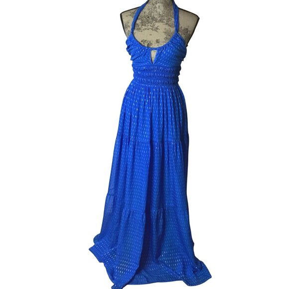 INTERMIX Silk Halter Cutout Maxi Dress Blue Smocked Tiered Lined Resort XS NWOT - Picture 1 of 12